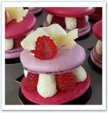 Macaron facon framboisier coque croustillante à l amande garni d'une crème mousseline vanille et framboises fraîches